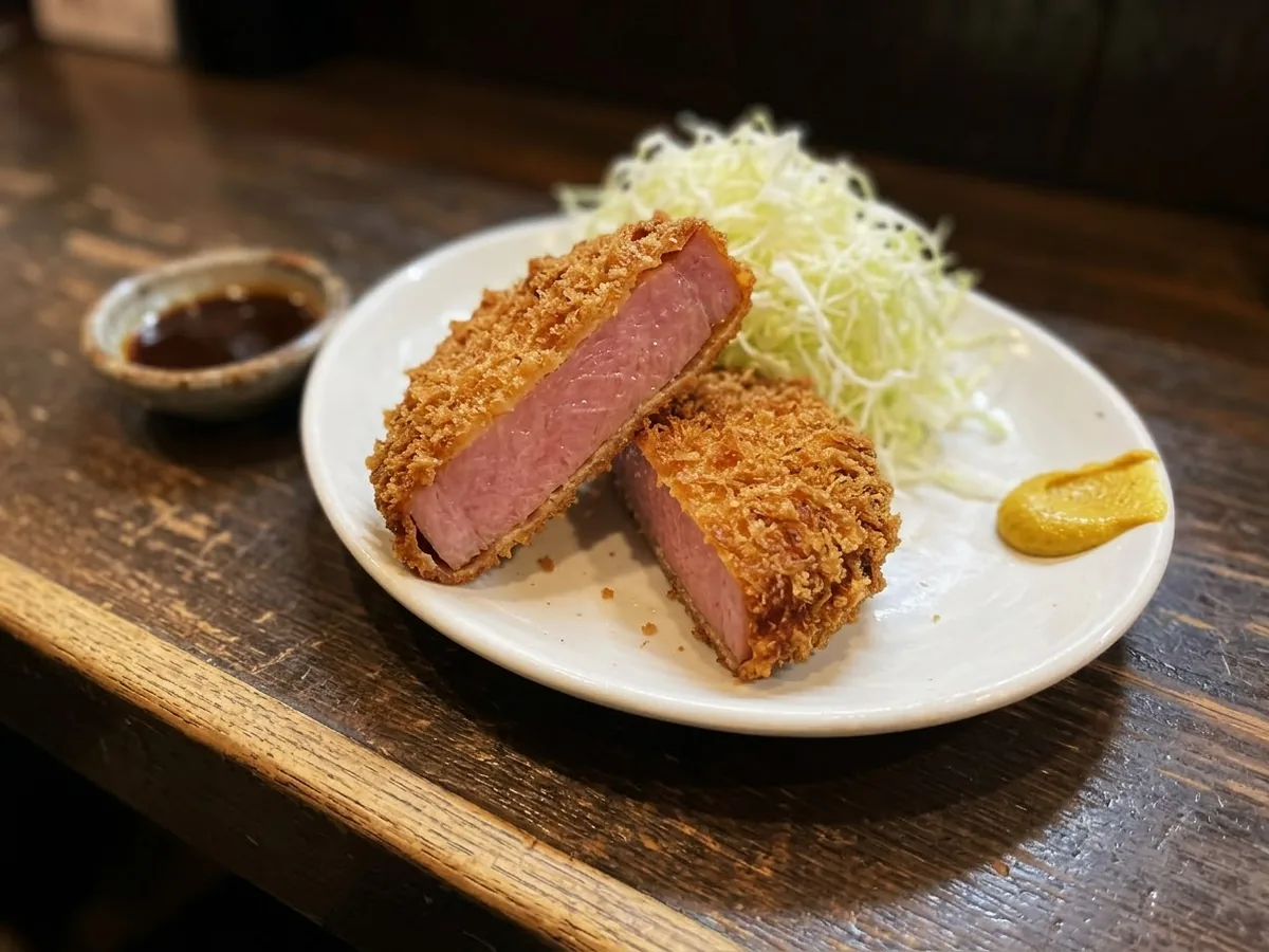 千切りキャベツを添えた、厚切りハムカツの断面が見える写真(AIで作成したイメージ)
