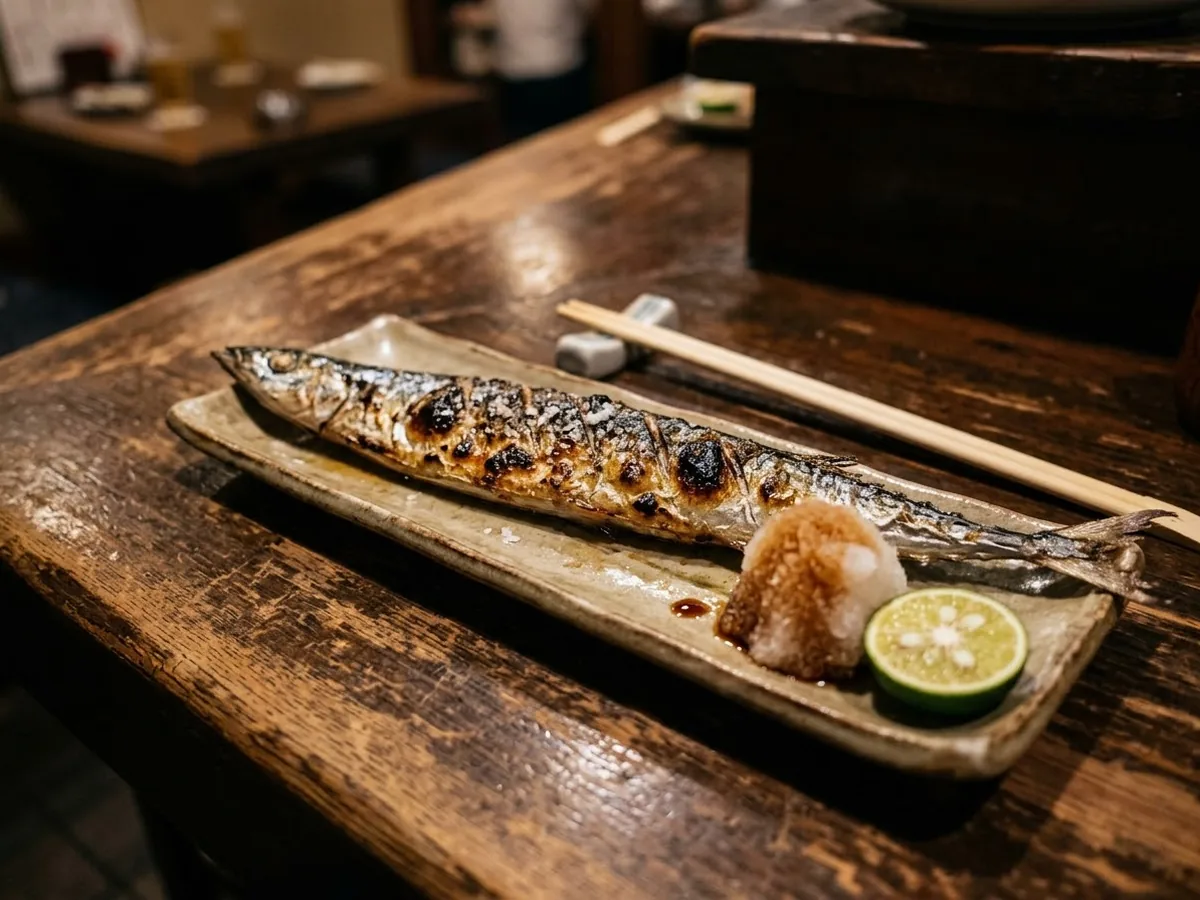 大根おろしとすだちを添えた、秋刀魚の塩焼きの写真（AIで作成したイメージ）